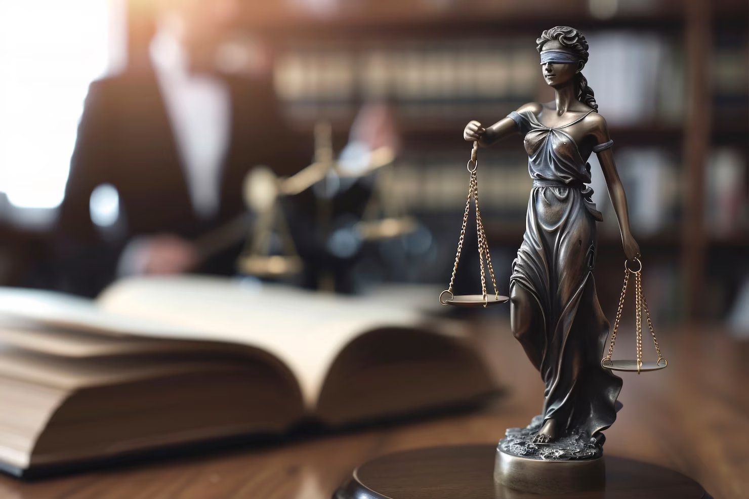 Balanza de la justicia sobre un escritorio de estudio jurídico